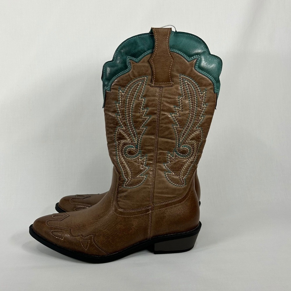 Coconuts by Matisse Western Cowboy Boots Brown Teal Stitched Low Heel Women 7.5